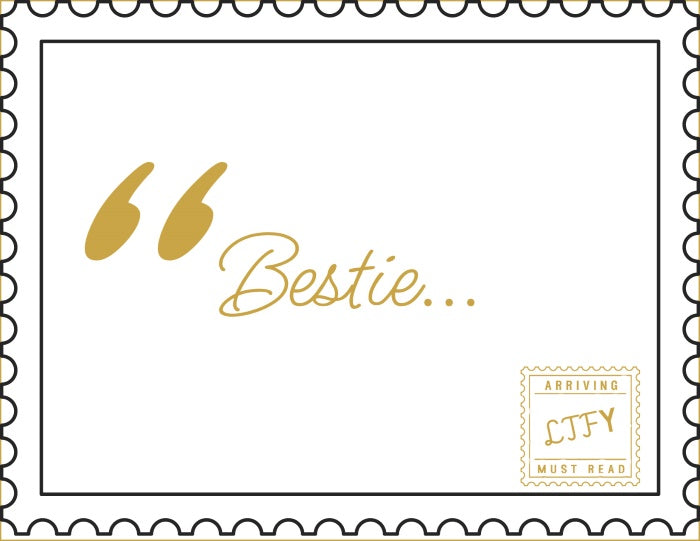 Decorative card with 'Bestie' text and quotation marks on a white background