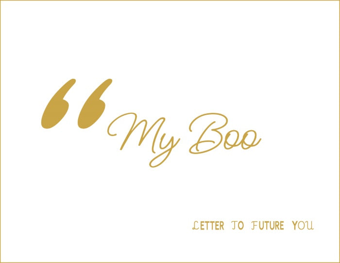 Gold text 'My Boo' with a quote mark on a white background