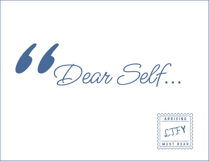 Text 'Dear Self' with a blue quote mark on a white background