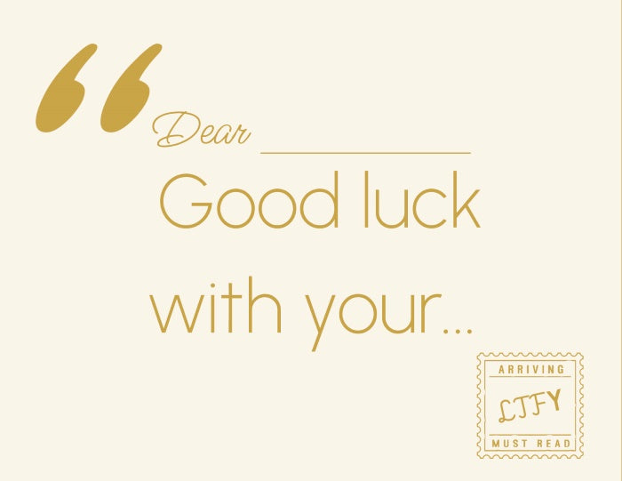 Text message with 'Good luck with your...' on a beige background