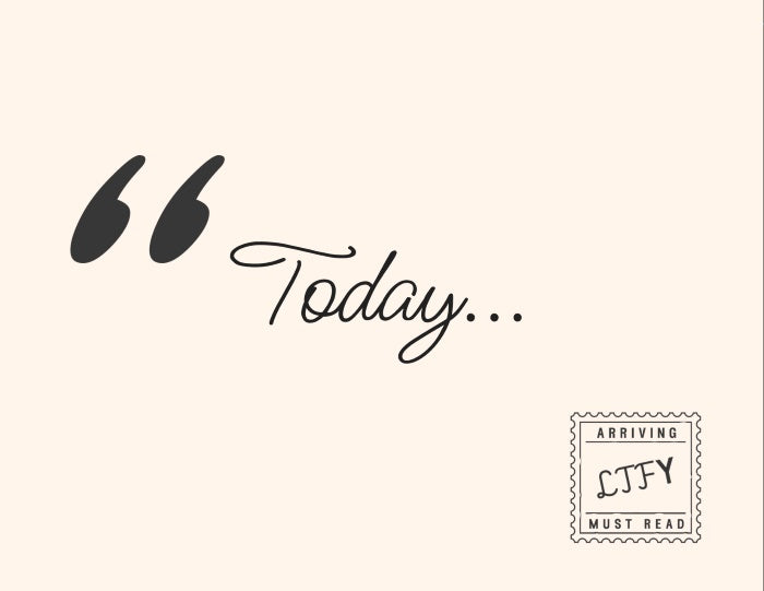Text 'Today...' with quotation marks and a stamp on a beige background